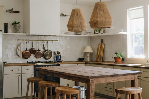 cocina rústica con isla de madera y muebles blancos elegantes
