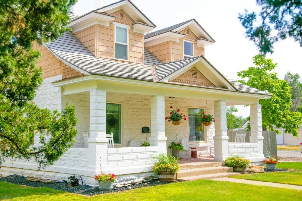 The front of a house on a sunny summer day in Eastern Montana.