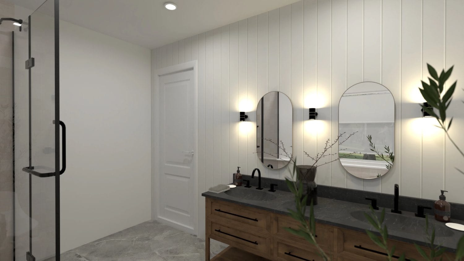 render 3d de cuarto de baño moderno con mueble de mader, planner 5d