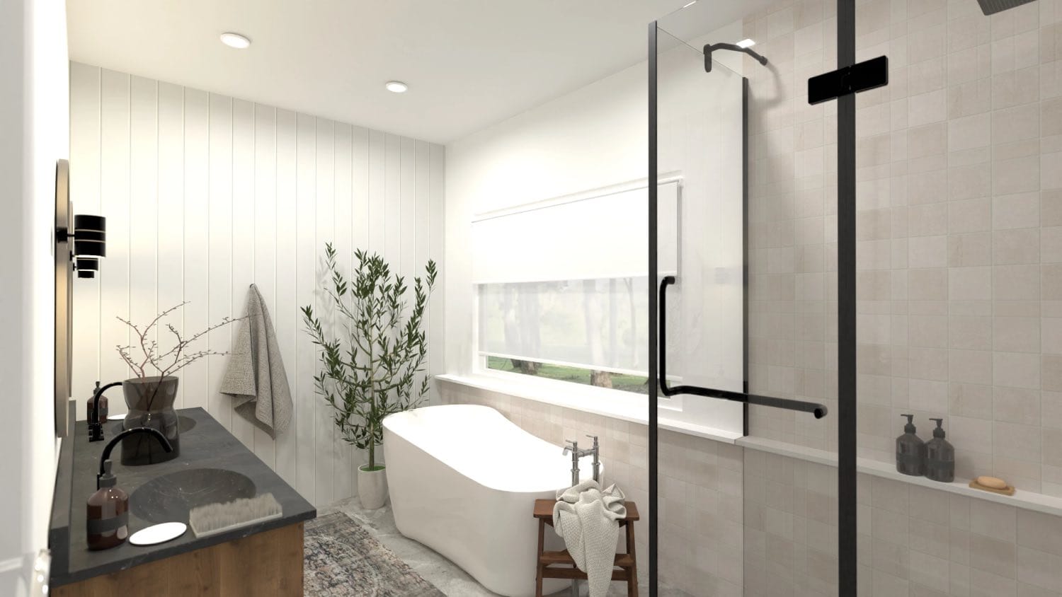render 3d de cuarto de baño moderno con mueble de mader, planner 5d