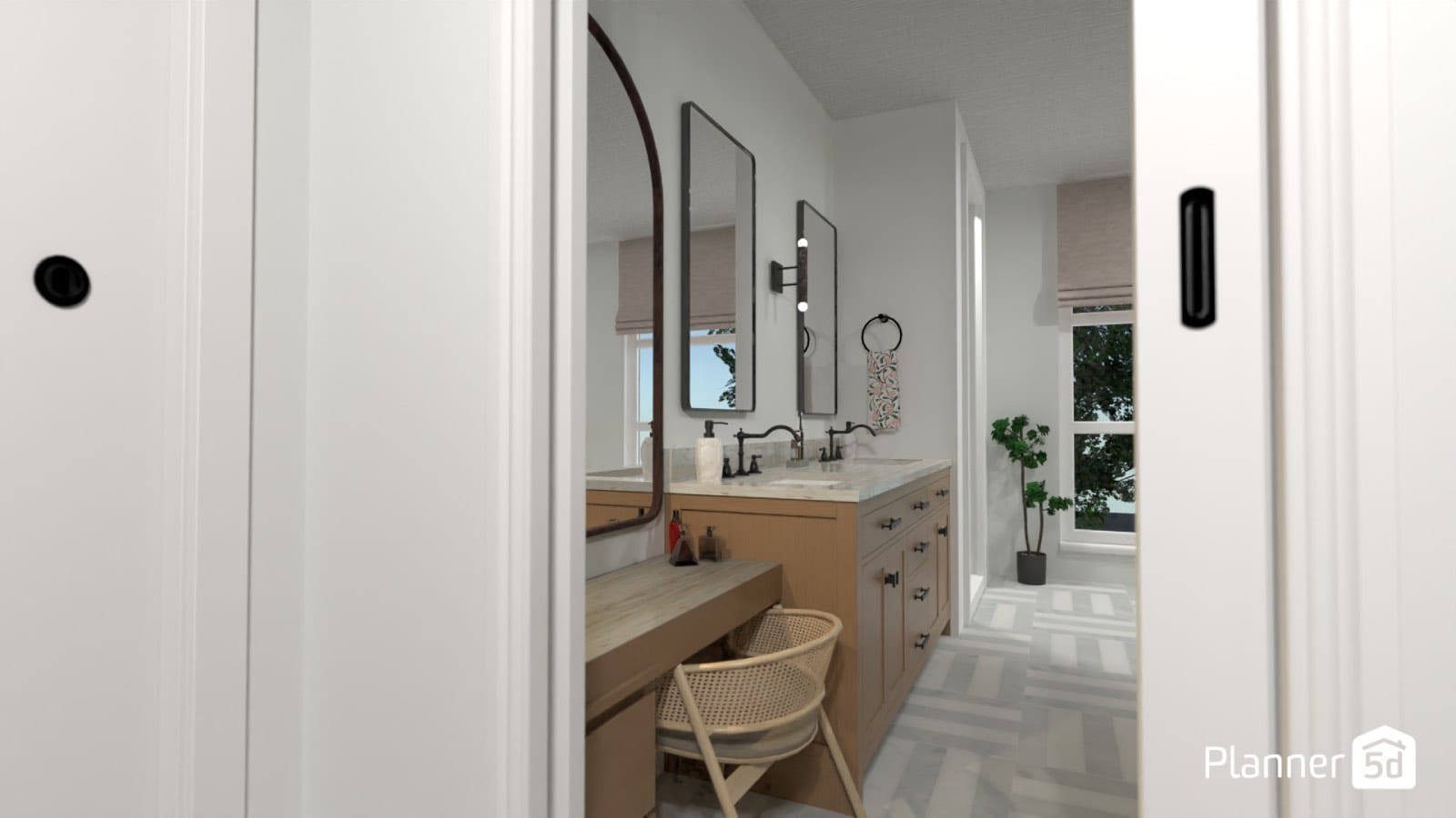 render 3d de cuarto de baño con mueble de baño de madera, planner 5d