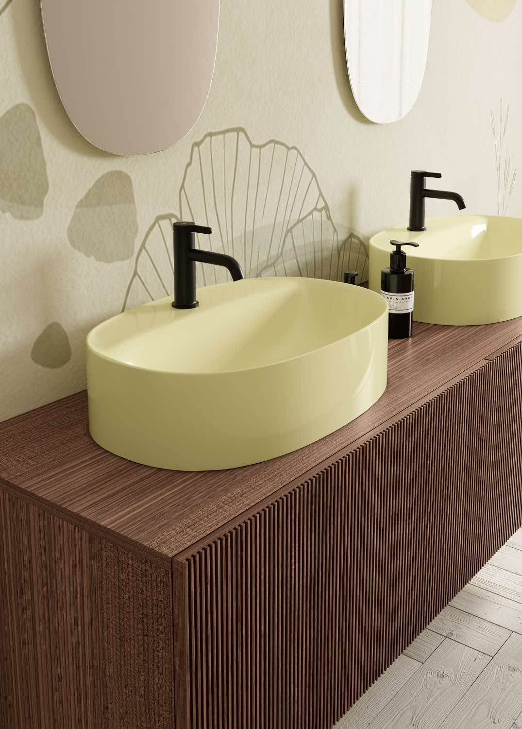 mueble de baño de madera moderno con lavabo verde