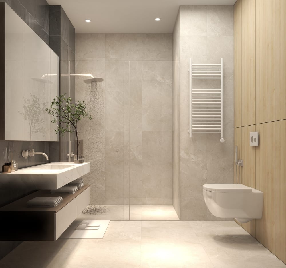 3/4 bathroom with rain shower and wall-hung toilet