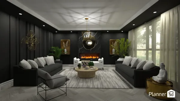 elegant living room with black walls and couches
